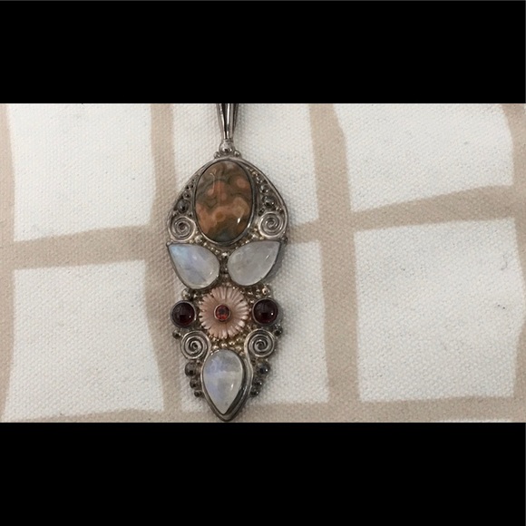 Large Sterling Pendant with Rainbow Moonstone, Jasper, Garnet, & Mother of Pearl - Picture 2 of 7